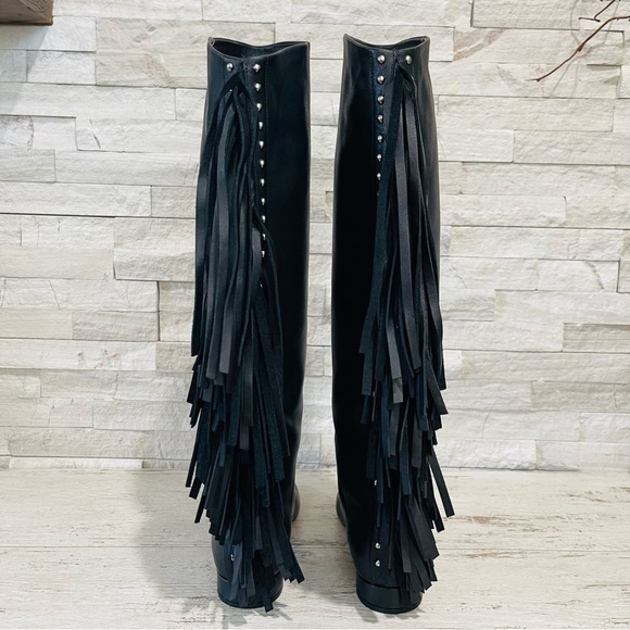 Saint Laurent Dana Black Leather Fringe Studded Knee High Boots Size 35 $1890 - Picture 9 of 15
